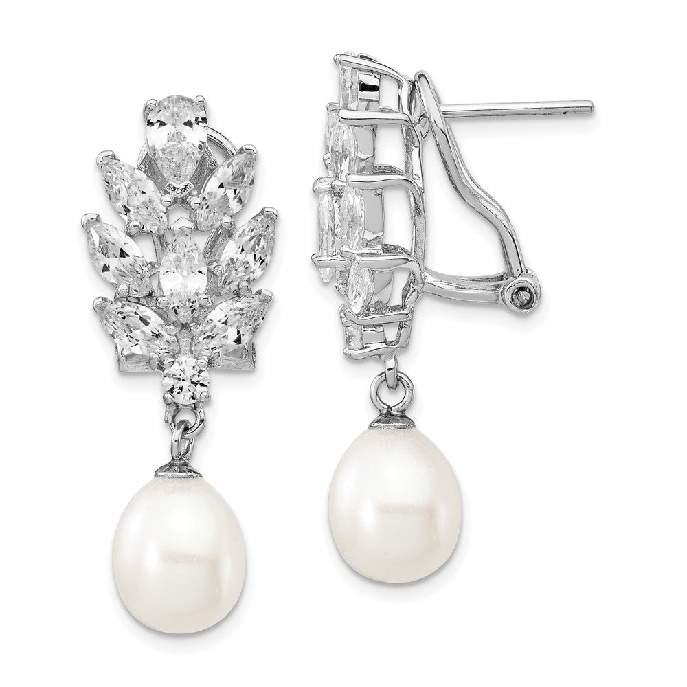 Sterling Silver Rhodium-plated Teardrop Cultured Pearl and CZ Fancy Omega Back Dangle Earrings