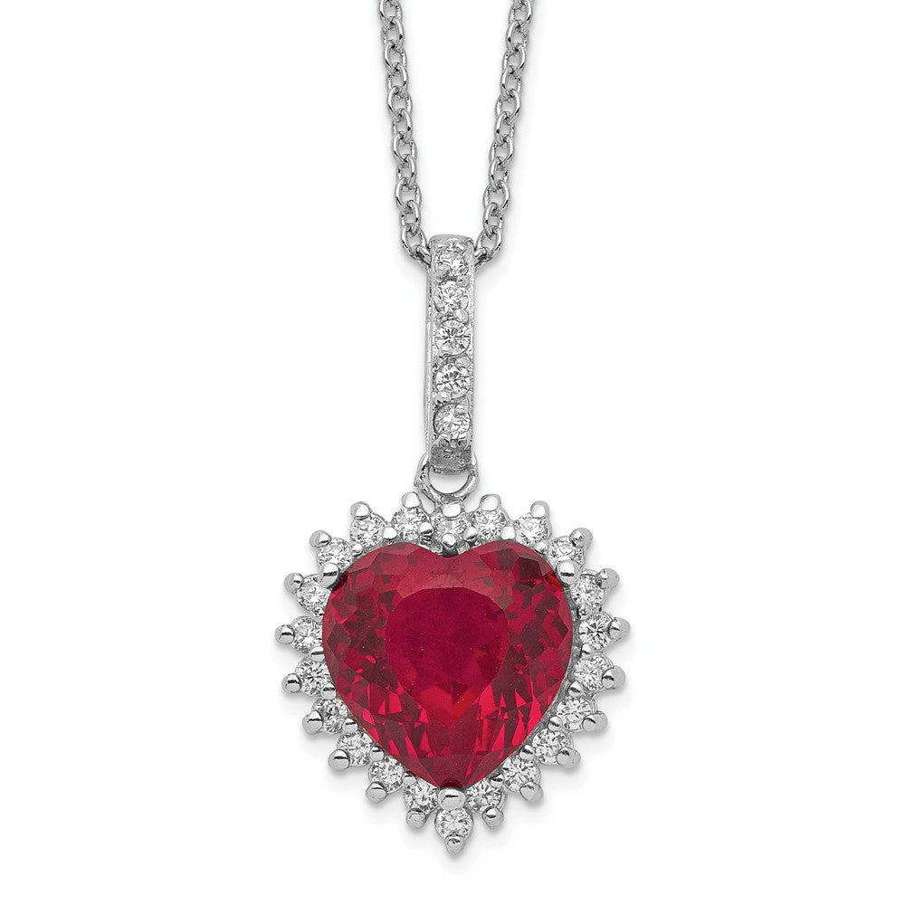 Sterling Silver Lab Created Ruby and White CZ Heart Halo Necklace 18"