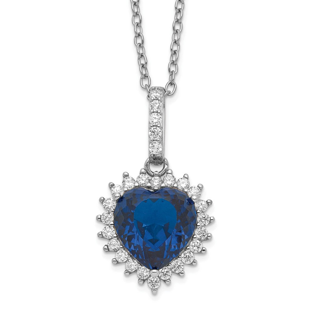 Sterling Silver Lab Created Dark Blue Spinel and White CZ Heart Halo Necklace 18"