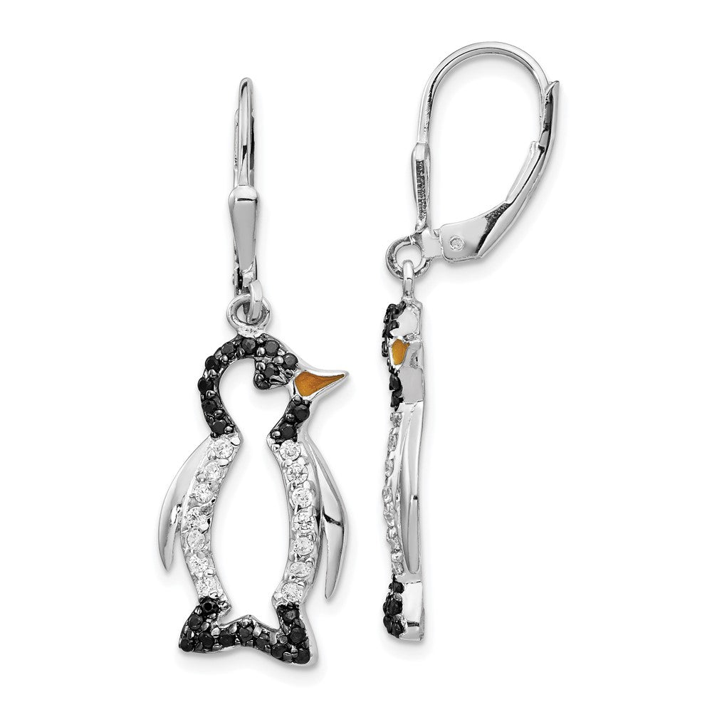 Sterling Silver Black Rhodium Accent Enameled Black and White CZ Penguin Dangle Earrings