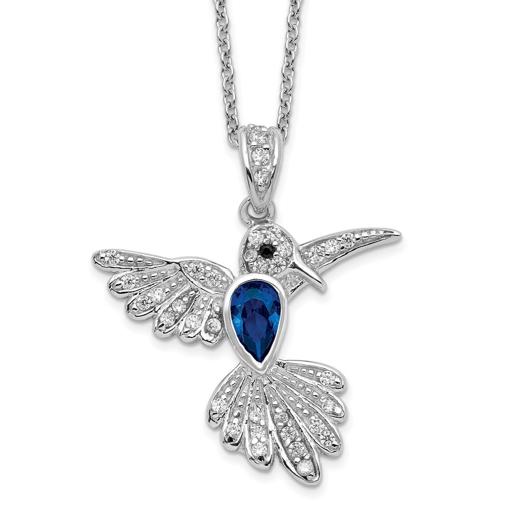 Sterling Silver Lab Created Dark Blue Spinel and White CZ Hummingbird Necklace 18"