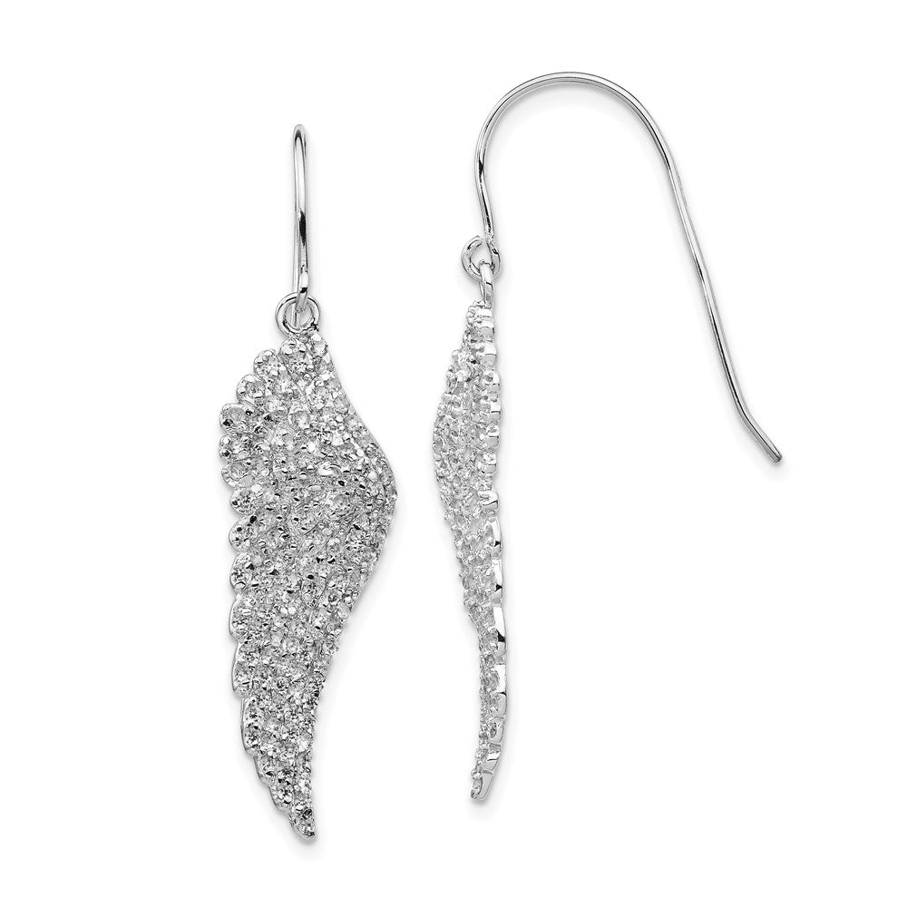 Sterling Silver Rhodium-plated CZ Angel Wing Shepherd Hook Dangle Earrings