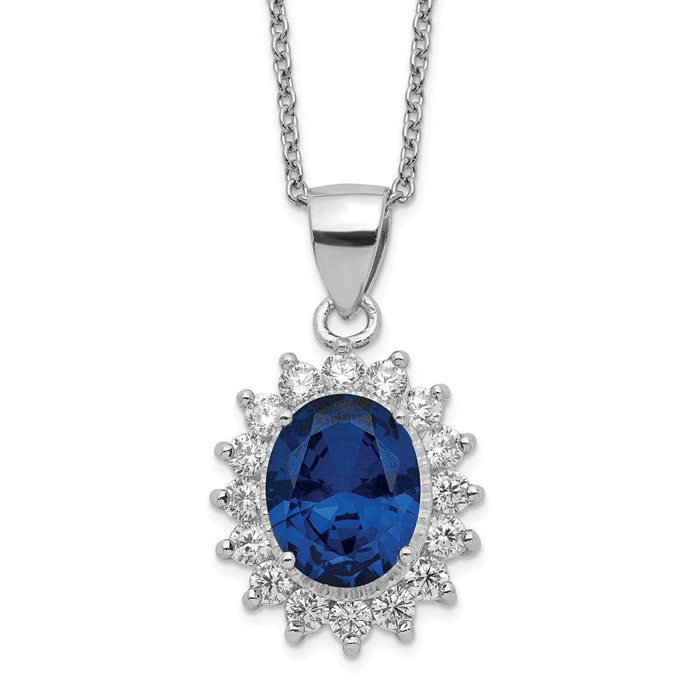 Sterling Silver Lab Created Dark Blue Spinel and White CZ Oval Halo Necklace 18"