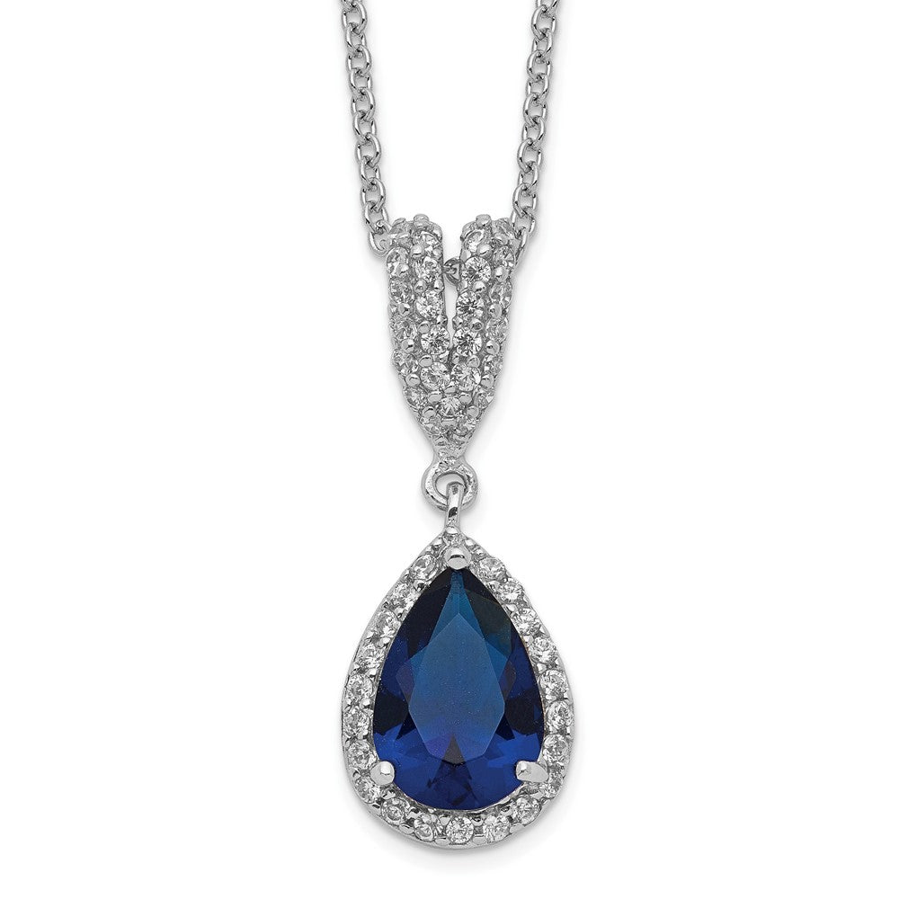 Sterling Silver Lab Created Dark Blue Spinel and White CZ Teardrop Halo Necklace 18"