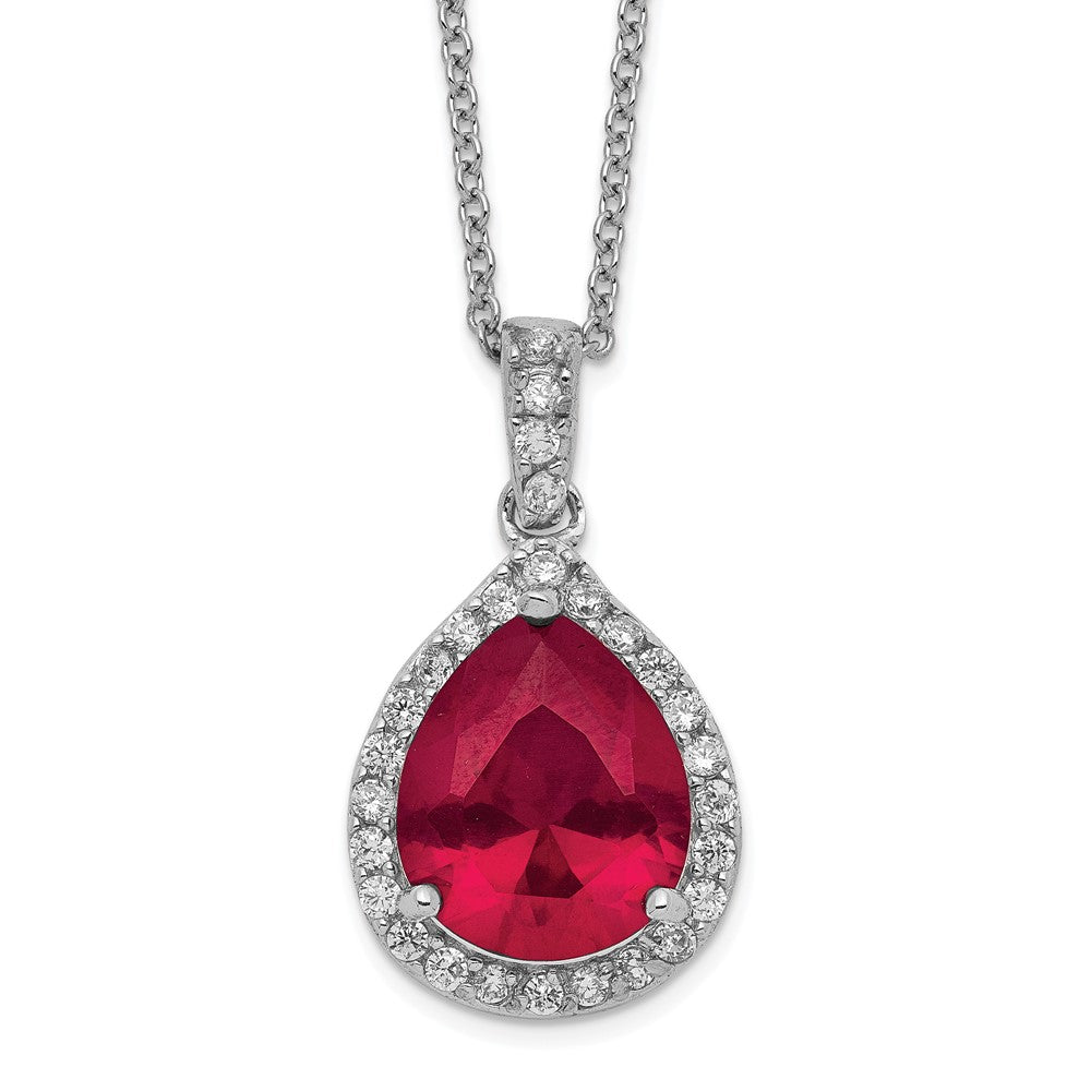 Sterling Silver Lab Created Ruby and White CZ Teardrop Halo Necklace 18"