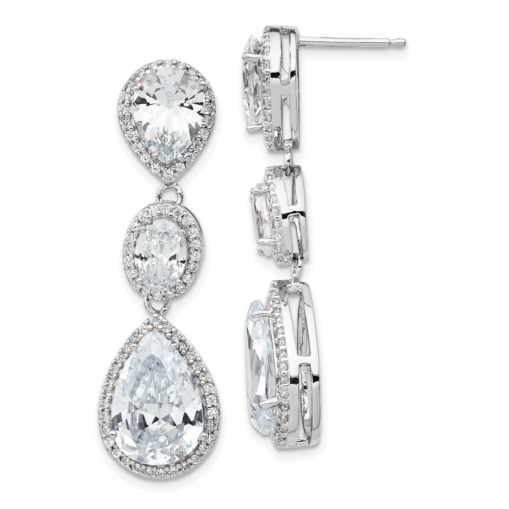 Sterling Silver Rhodium-plated Three Teardrop CZ Halo Dangle Earrings