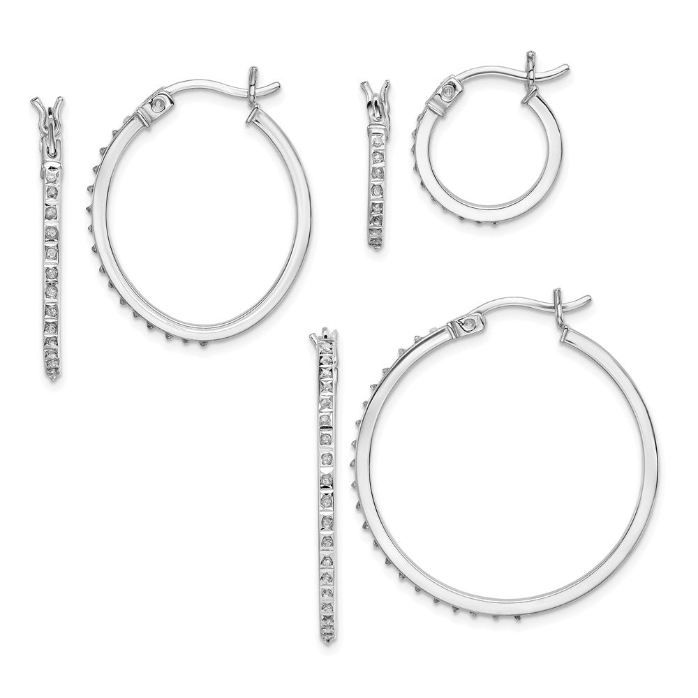 Sterling Silver Platinum-plated Oval and Round Diamond Hoop Earrings Set of 3