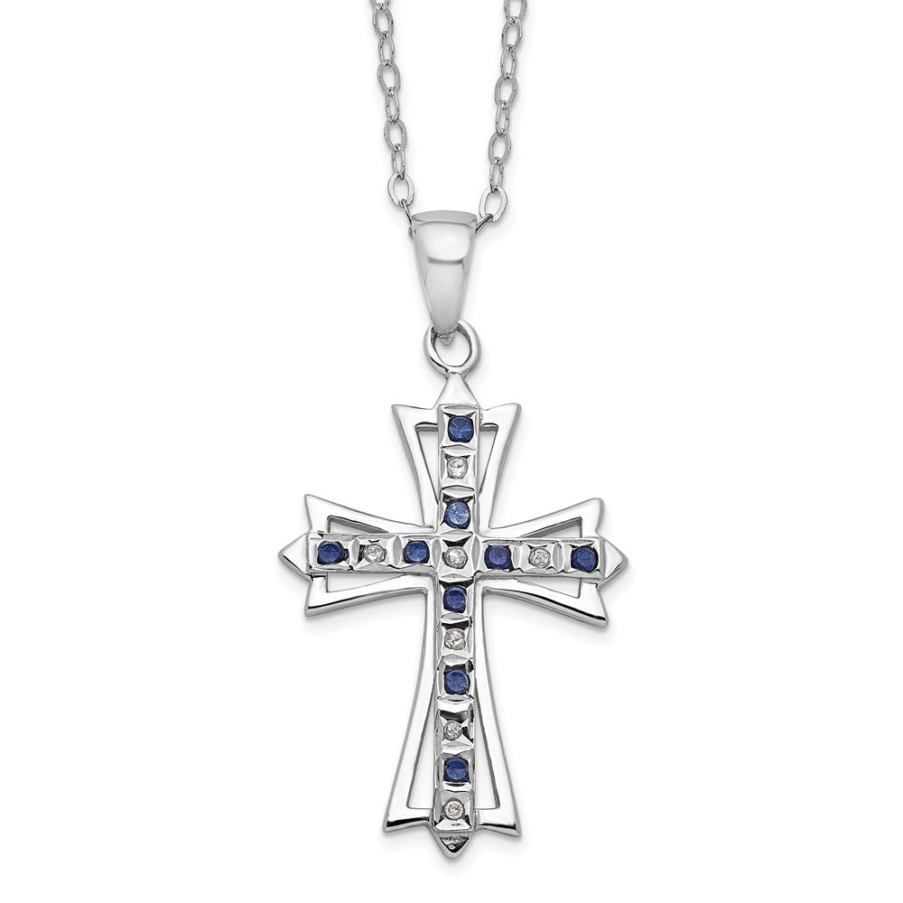 Sterling Silver Platinum-plated Diamond and Sapphire Cross Necklace 18"