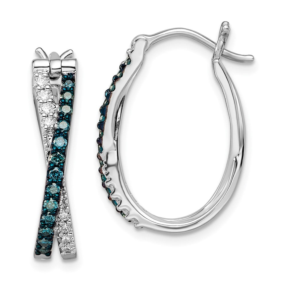 Sterling Silver Rhodium-plated White and Blue Diamond Hinged Hoop Earrings