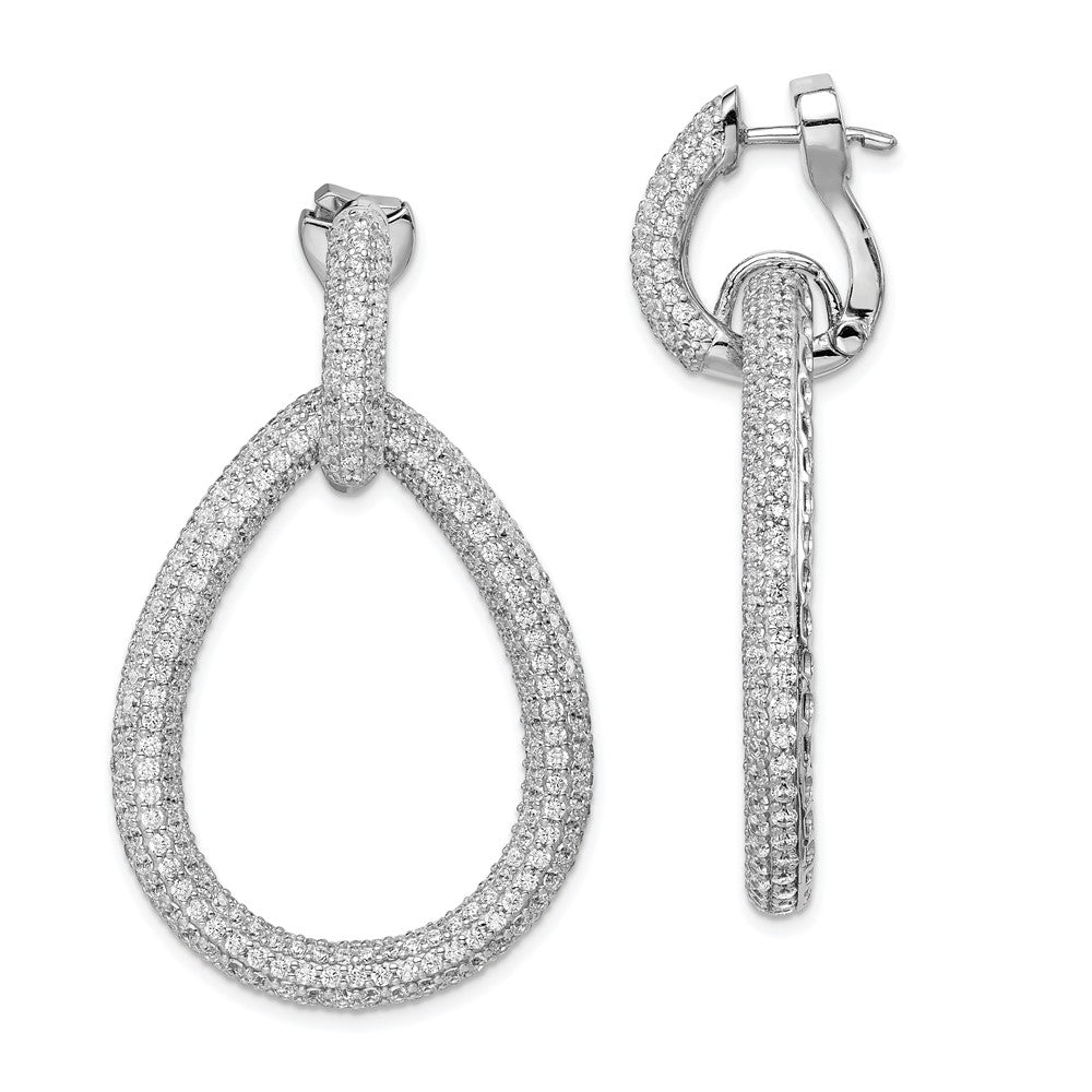 Sterling Silver Rhodium-plated CZ Hinged Teardrop Hoop Earrings