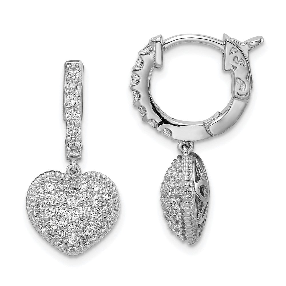 Sterling Silver Rhodium-plated CZ Heart Dangle Hinged Hoop Earrings