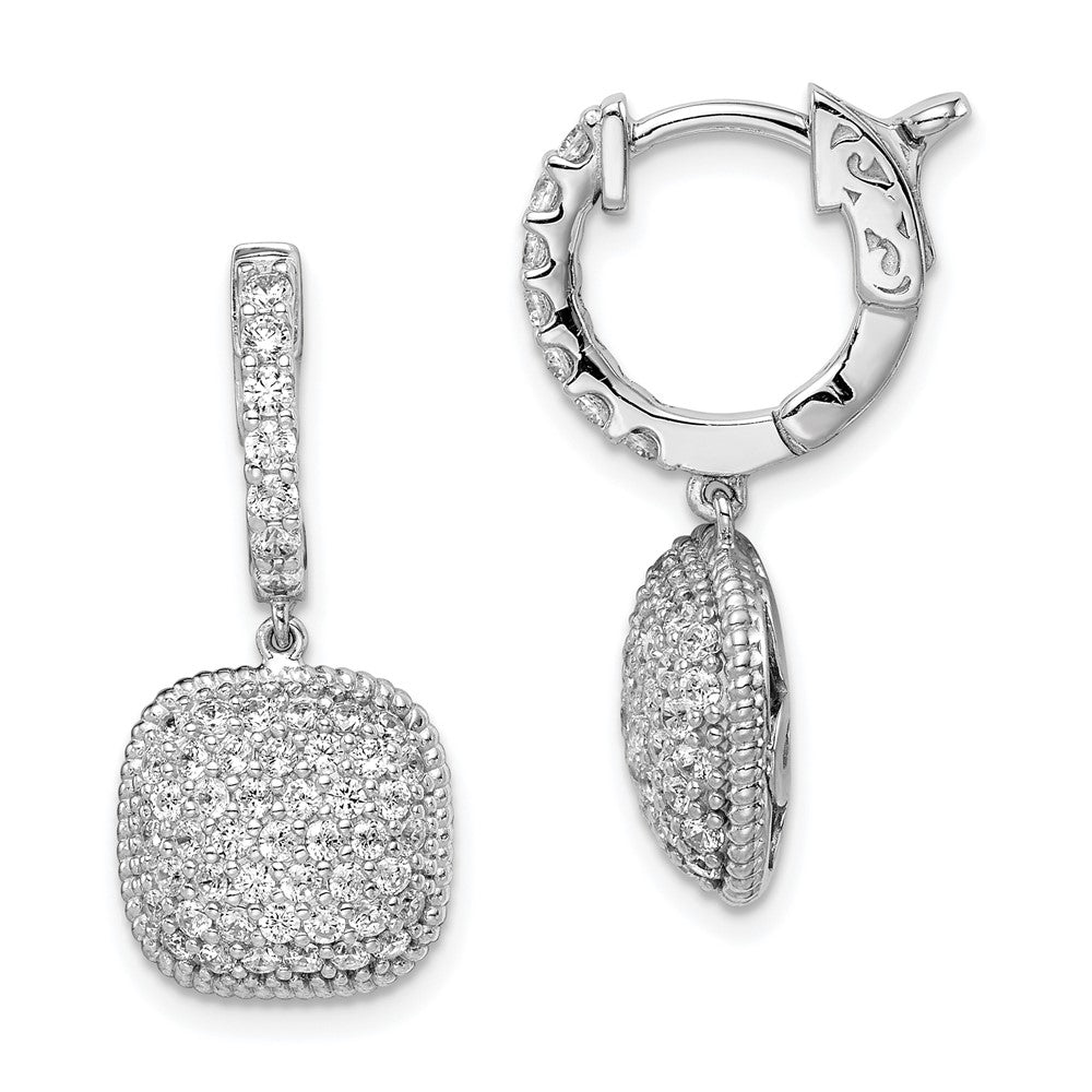 Sterling Silver Rhodium-plated CZ Square Dangle Hinged Hoop Earrings