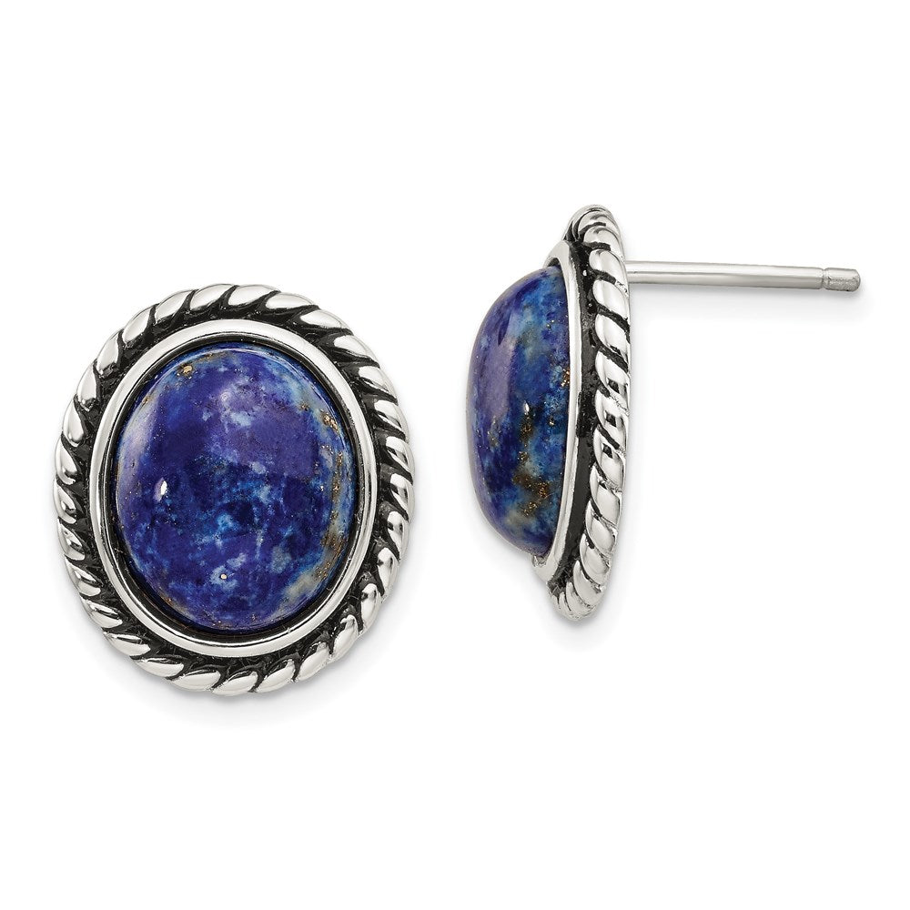 Sterling Silver Polished Antiqued Lapis Cabochon Earrings