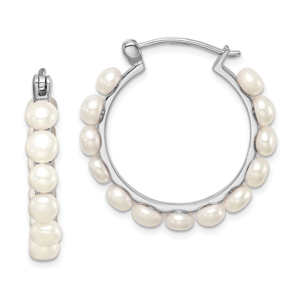Sterling Silver Rhodium-plated 4-5mm White Button Cultured Pearl Hoop Earrings