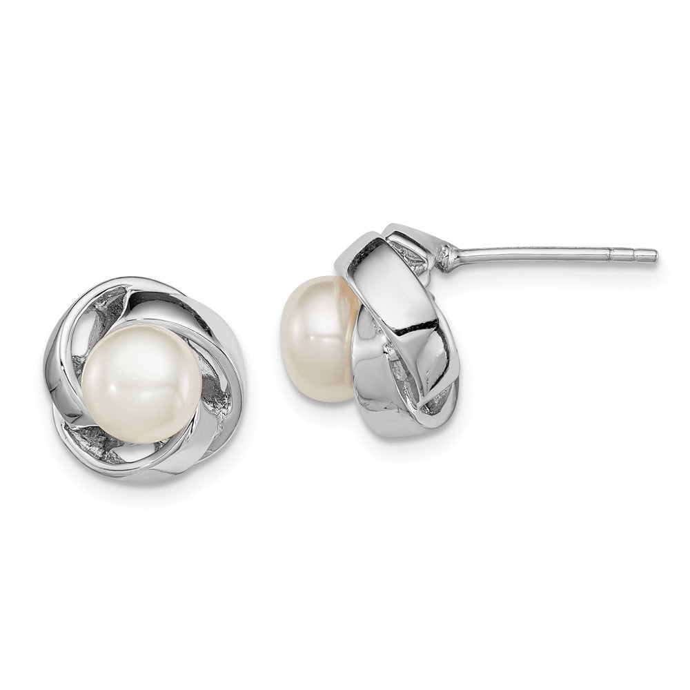 Sterling Silver Rhodium-plated 6-7mm White Button Cultured Pearl Knot Earrings