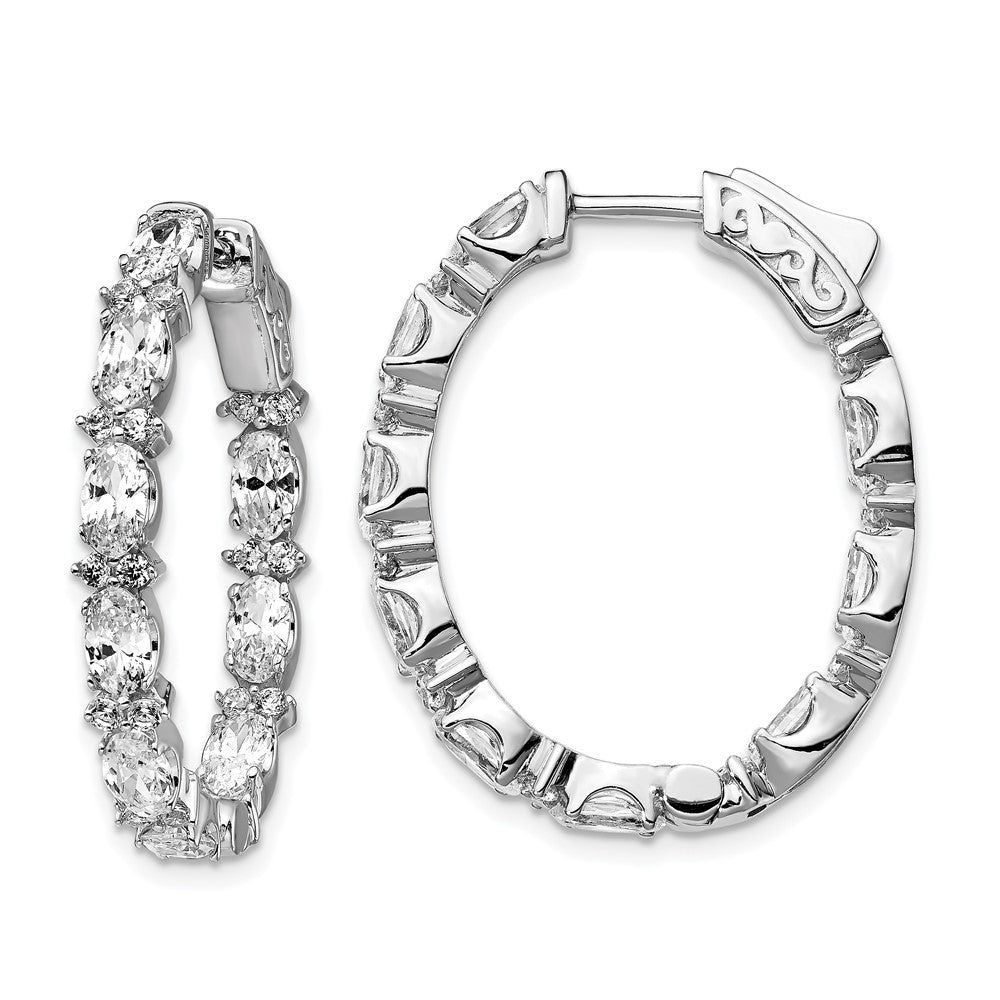 Sterling Silver Rhodium-plated CZ Fancy In and Out Oval Hinged Hoop Earrings