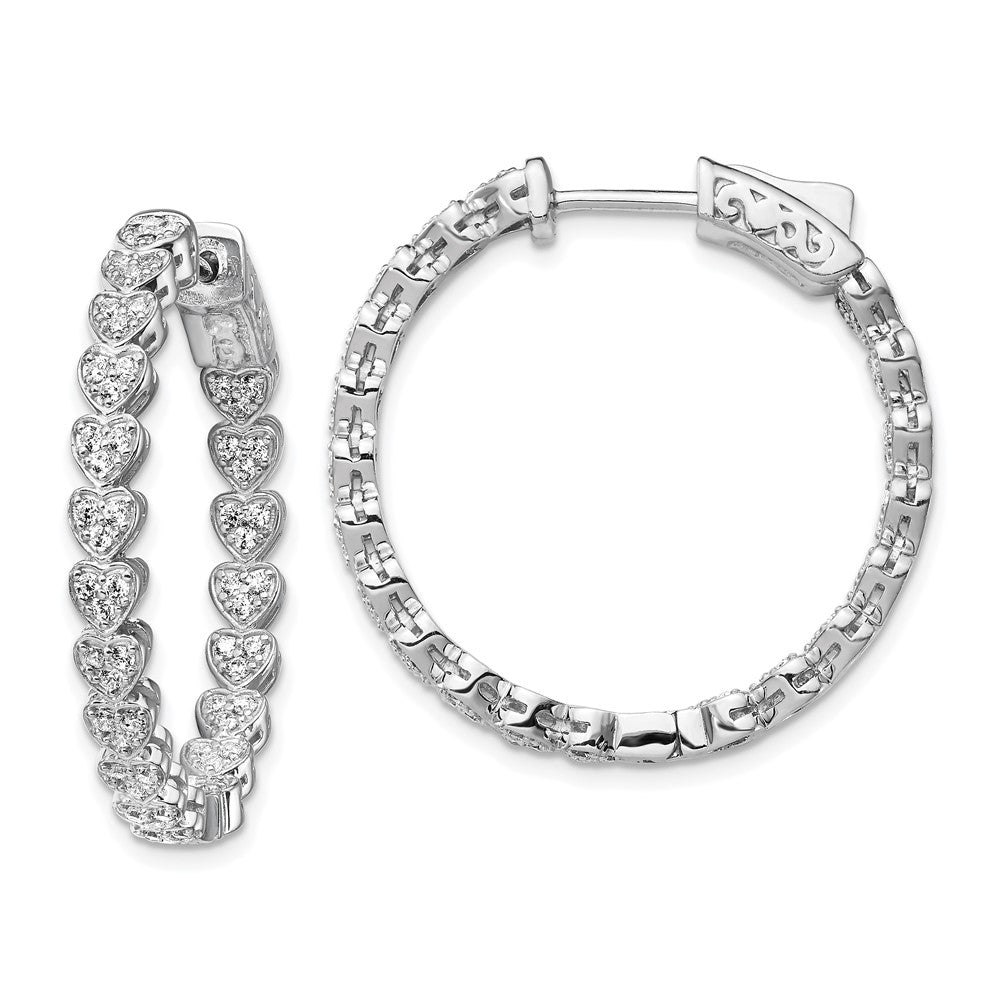 Sterling Silver Rhodium-plated Heart Shaped 1.2mm CZ In and Out Hinged Hoop Earrings