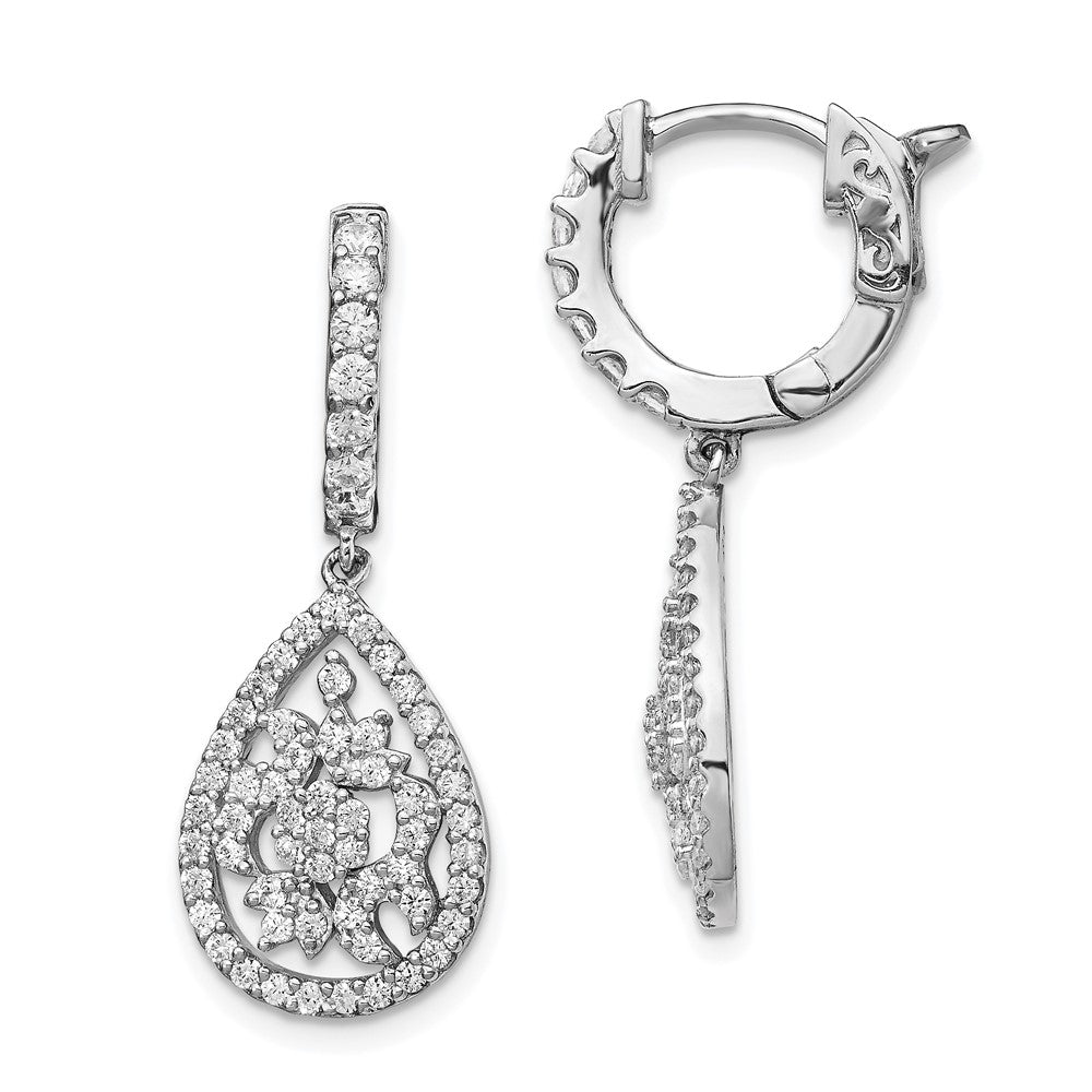 Sterling Silver Rhodium-plated CZ Teardrop Dangle Hinged Hoop Earrings