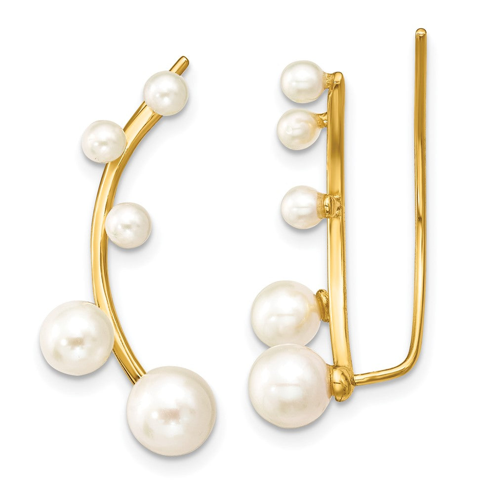 Sterling Silver Gold-tone Flash Gold-plated 3-6mm White Round Cultured Pearl Ear Climber Earrings