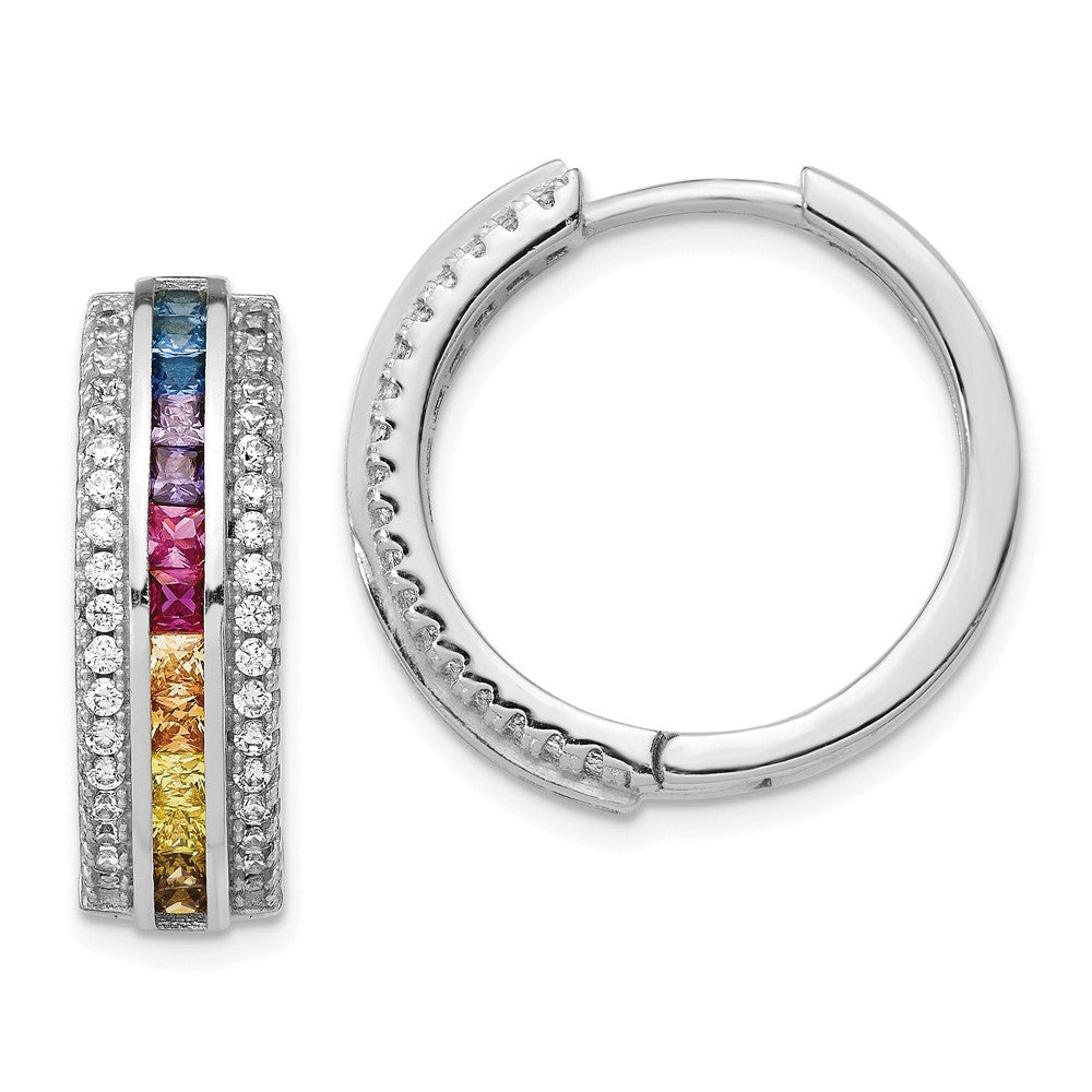 Prizma Sterling Silver Rhodium-plated Channel Set Colorful and White CZ Hinged Hoop Earrings