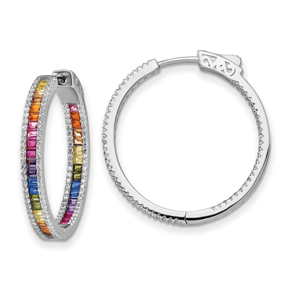 925 Prizma Sterling Silver Rhodium-plated White and Colorful CZ In and Out Hinged Hoop Earrings