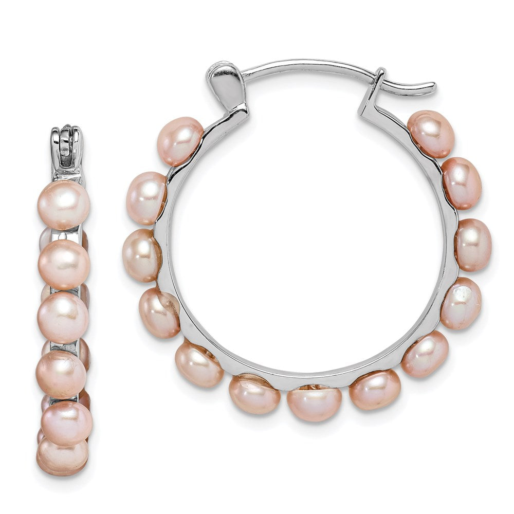 Sterling Silver Rhodium-plated 4-5mm Pink Button Cultured Pearl Hoop Earrings