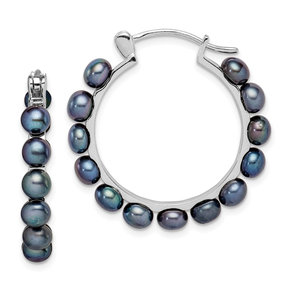 Sterling Silver Rhodium-plated 4-5mm Black Button Cultured Pearl Hoop Earrings