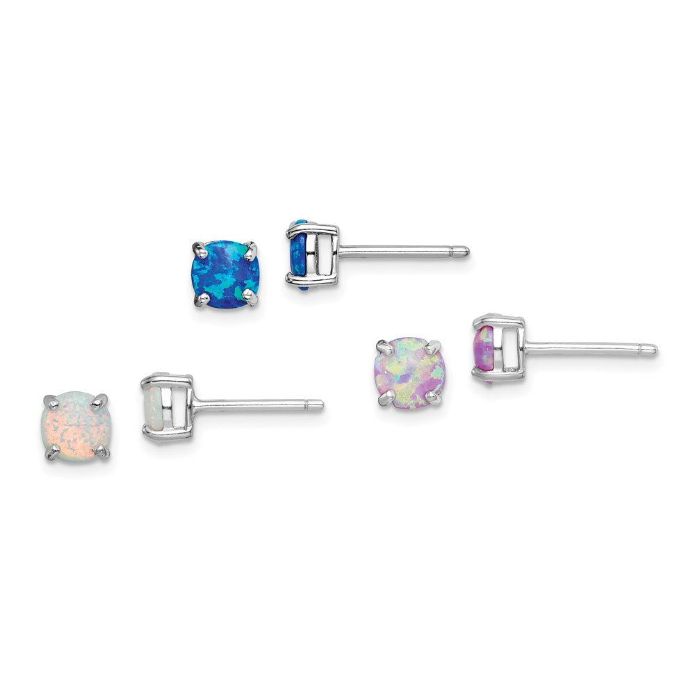 Sterling Silver Rhodium-plated Polished Round 6mm Created Opal Stud Earrings 3 Pair Set