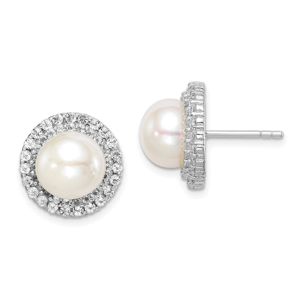 Sterling Silver Rhodium-plated 8-9mm White Button Cultured Pearl and CZ Earrings