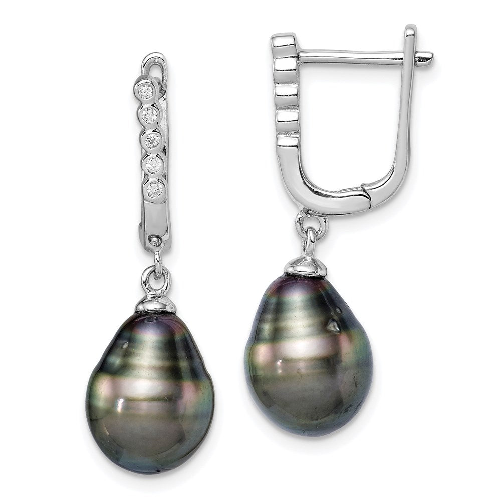Sterling Silver Rhodium-plated 9-10mm Black Teardrop Saltwater Cultured Pearl and CZ Dangle Earrings