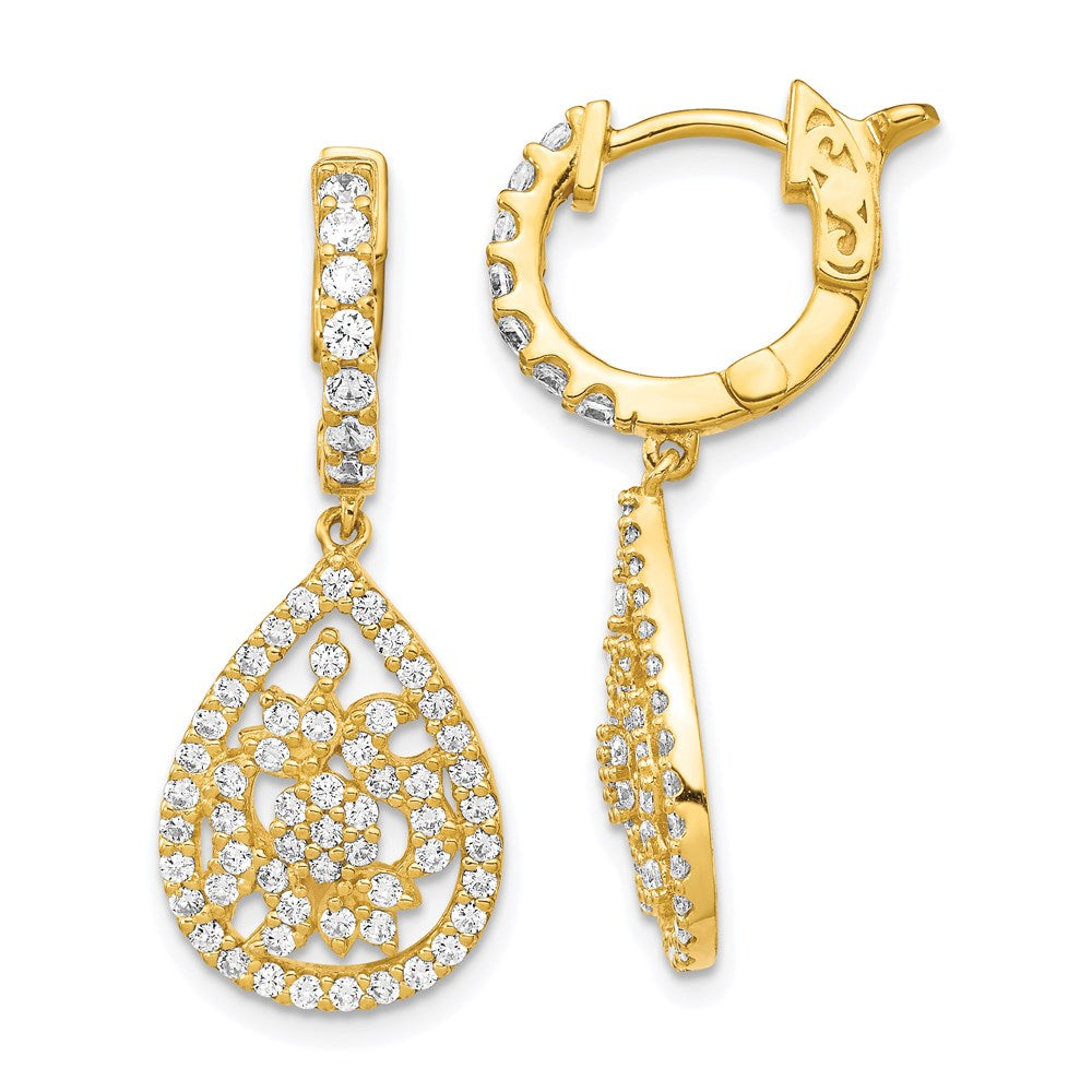 Sterling Silver Gold-tone Flash Gold-plated CZ Teardrop Dangle Hinged Hoop Earrings