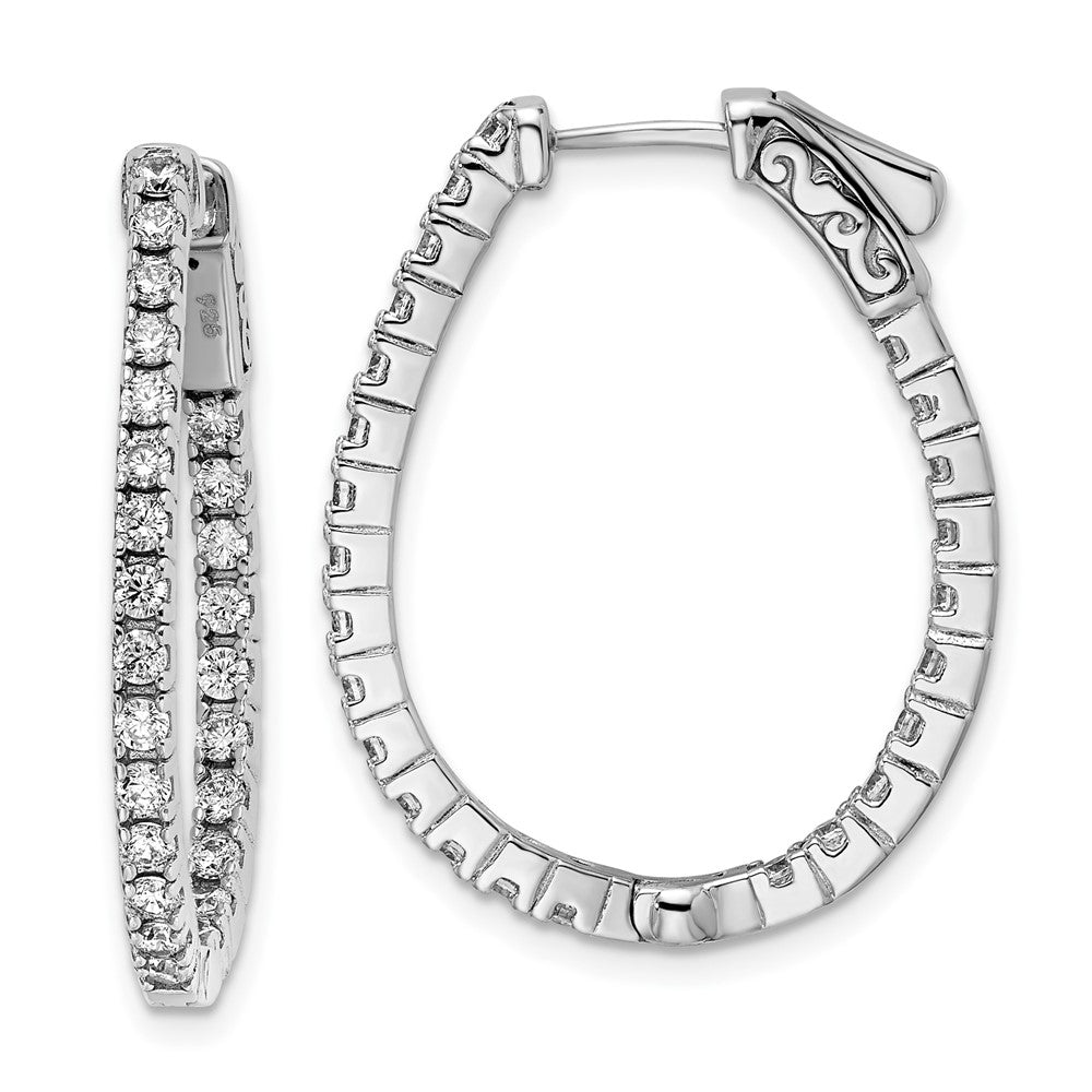 925 Sterling Silver Rhodium-plated 1.75mm CZ In and Out Oval Hinged Hoop Earrings