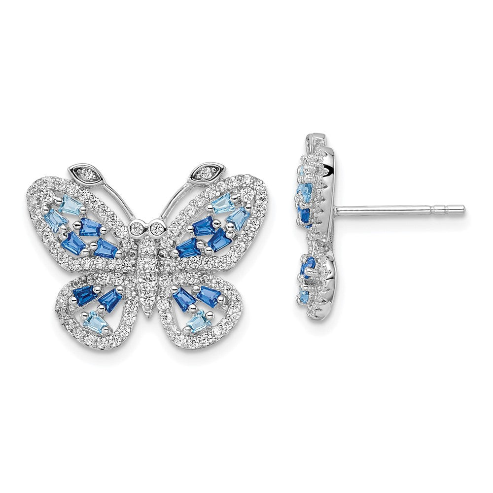Sterling Silver Rhodium-plated Polished Light and Dark Blue CZ with Clear CZ Butterfly Earrings