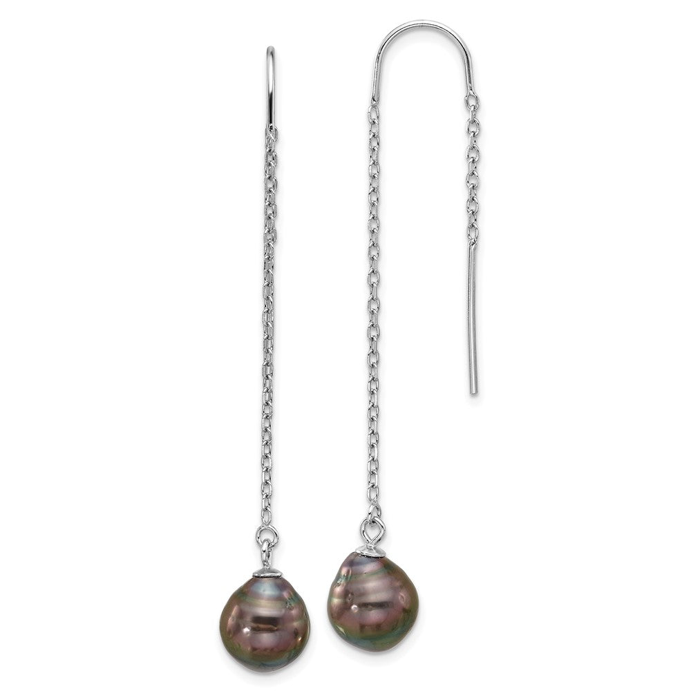 Sterling Silver Rhodium-plated 9-10mm Black Teardrop Saltwater Cultured Pearl Threader Earrings