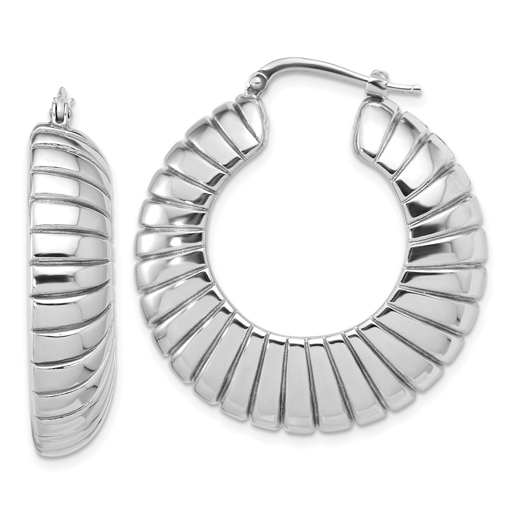 Sterling Silver RH-plated Polished and Striped Large Round Hoop Earrings