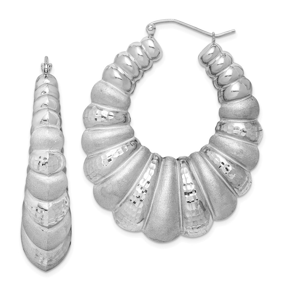925 Sterling Silver Rhodium-plated Satin & Diamond-Cut Shrimp Oval Hoop Earrings