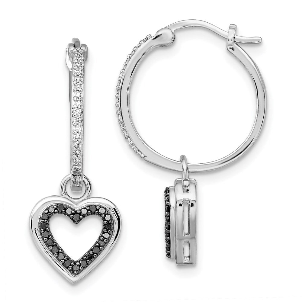 Sterling Silver Rhodium-plated Black and White Diamond with Dangle Heart Hoop Earring