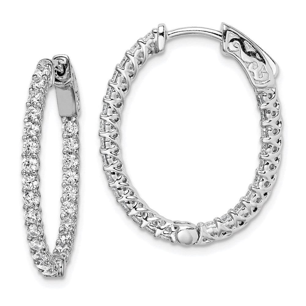 Sterling Silver Rhodium-plated 2mm CZ In and Out Oval Hinged Hoop Earrings