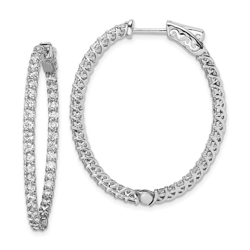 925 Sterling Silver Rhodium-plated 2mm CZ In and Out Oval Hinged Hoop Earrings
