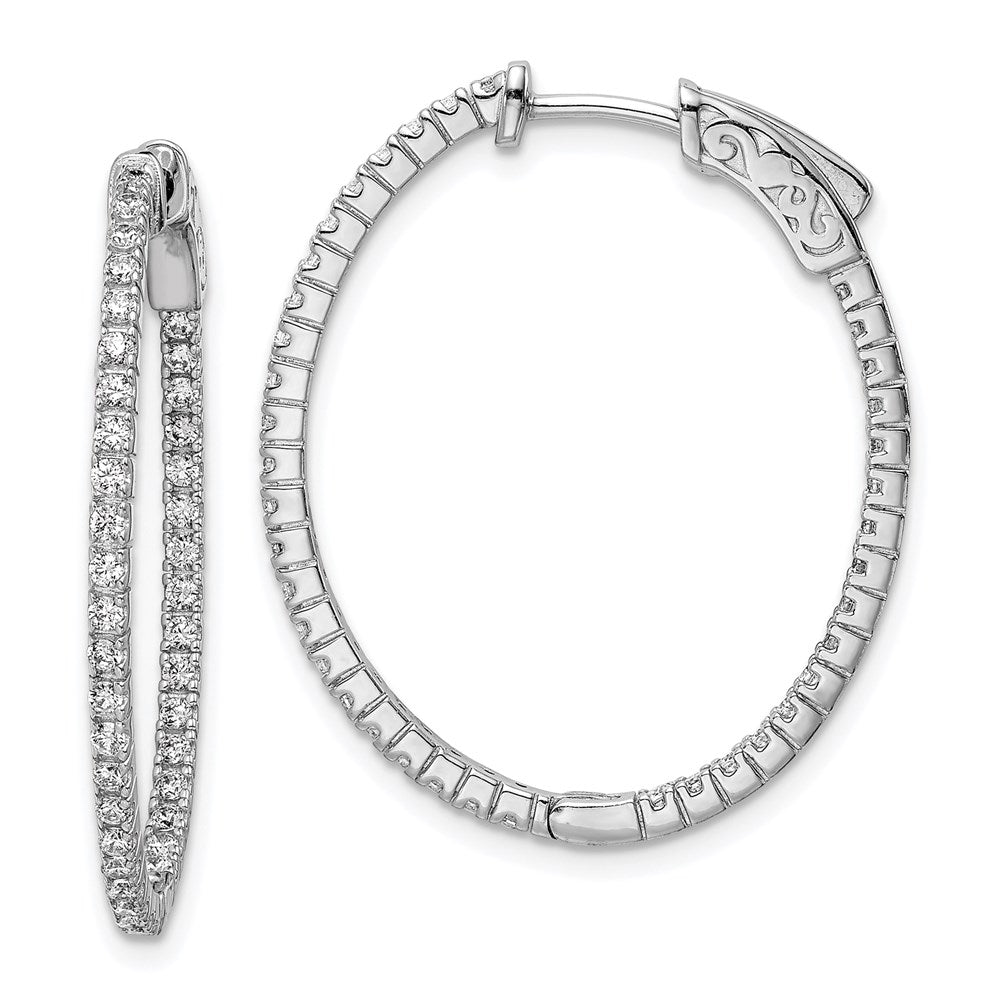 Sterling Silver Rhodium-plated 1.3mm CZ In and Out Oval Hinged Hoop Earrings