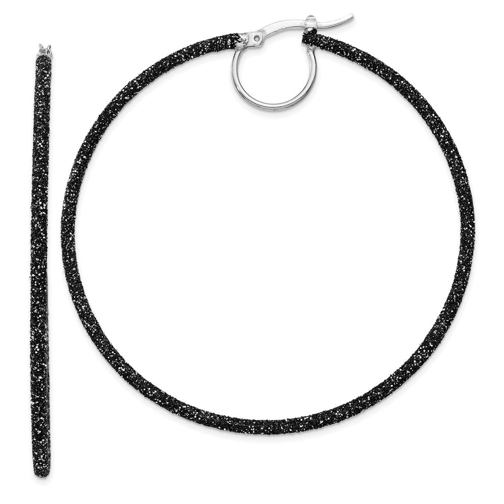 Sterling Silver Rhodium-plated Black Glitter Enamel 2x55mm Hoop Earrings