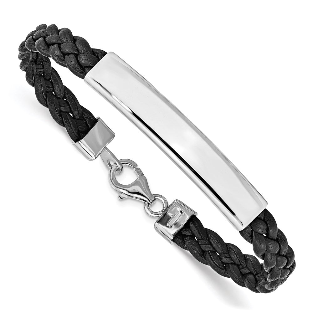 925 Sterling Silver 5mm Rhodium-plated Black Braided Leather Bracelet 7 inch