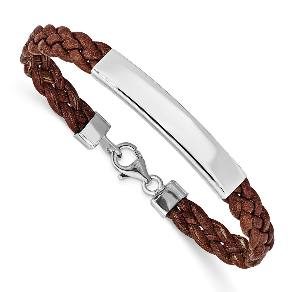 925 Sterling Silver 5mm Rhodium-plated Brown Braided Leather Bracelet 7 inch