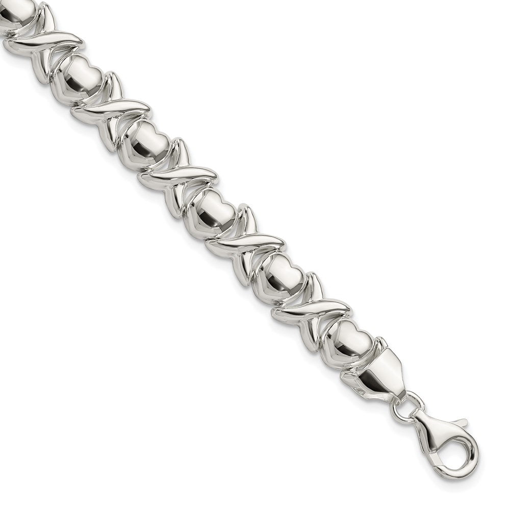 925 Sterling Silver 9mm Polished X and O Bracelet