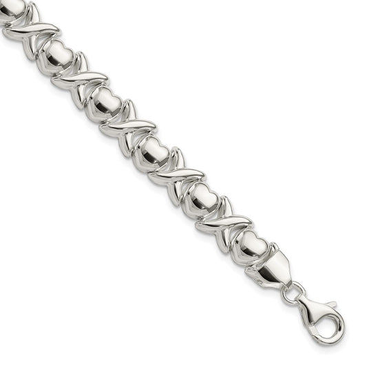925 Sterling Silver 9mm Polished X and O Bracelet