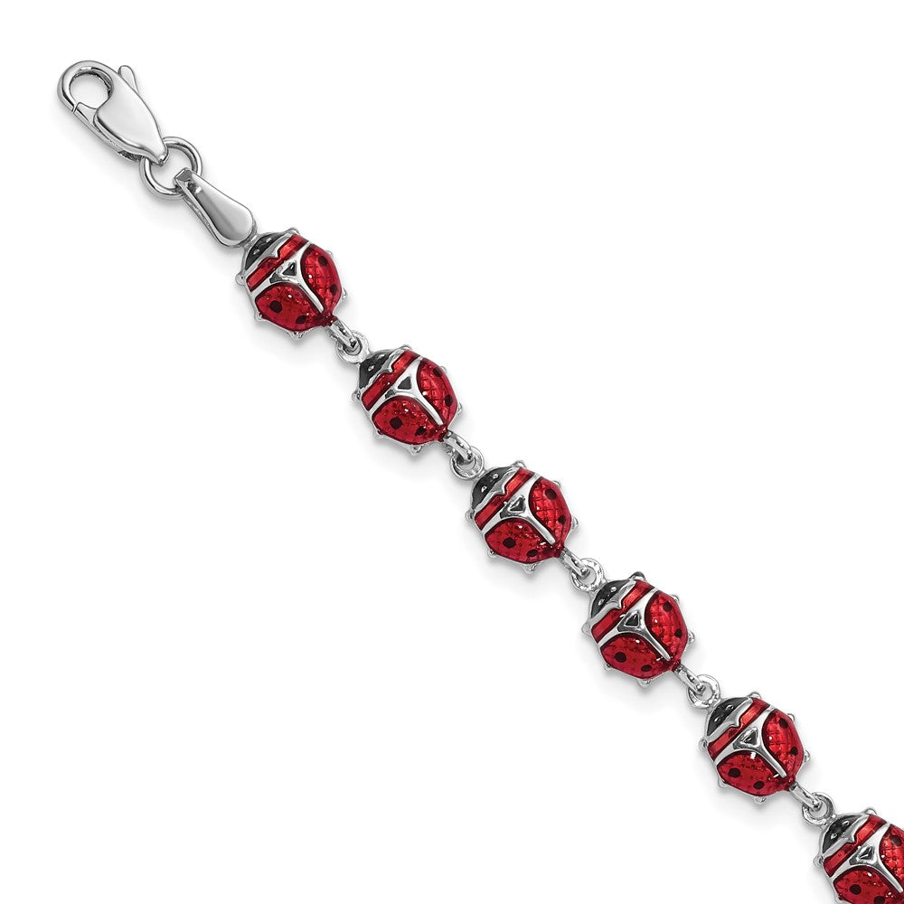 925 Sterling Silver Rhodium Polished Enameled Lady Bug Bracelet 7 inch
