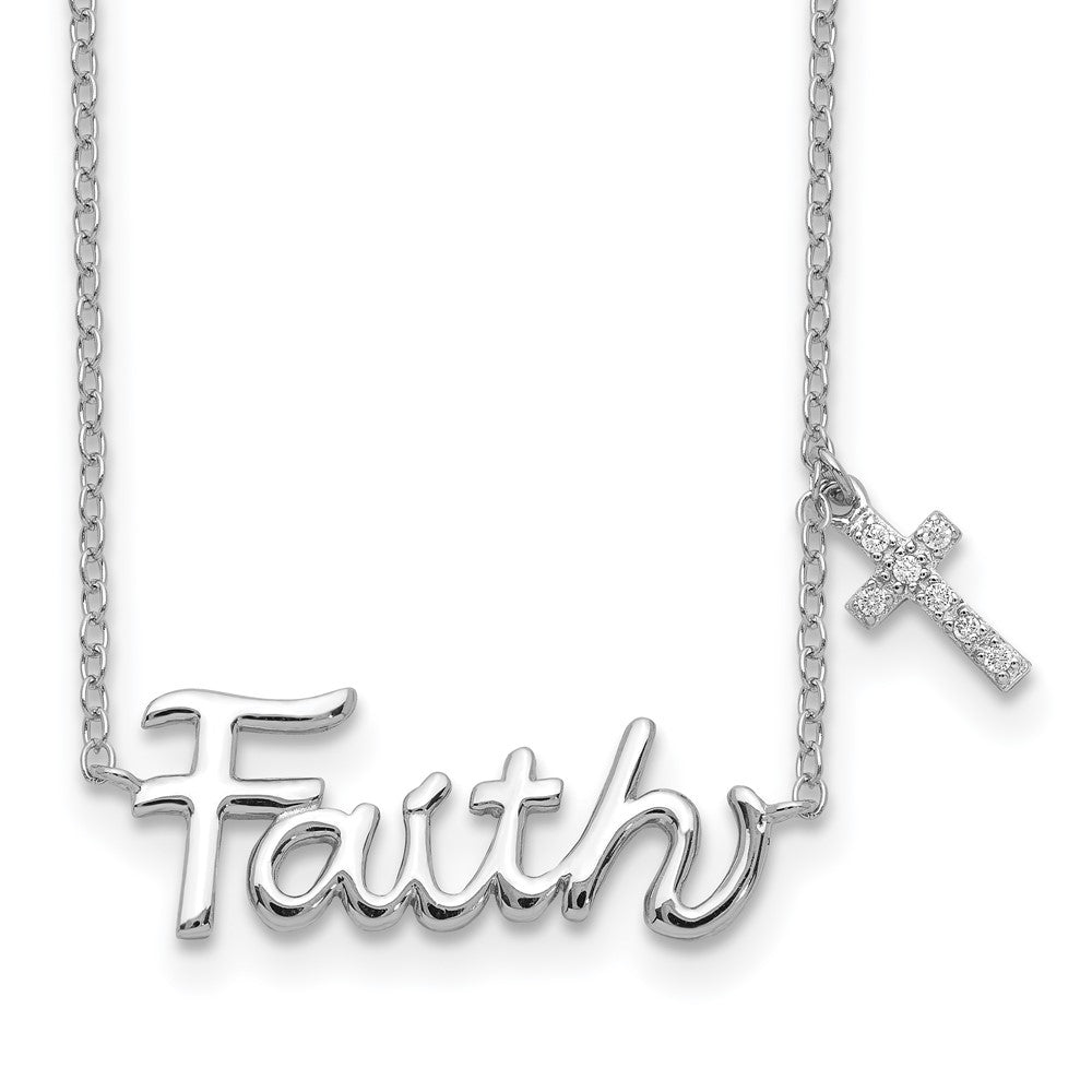 Sterling Silver FAITH Cubic Zirconia Cross Charm Necklace 18"