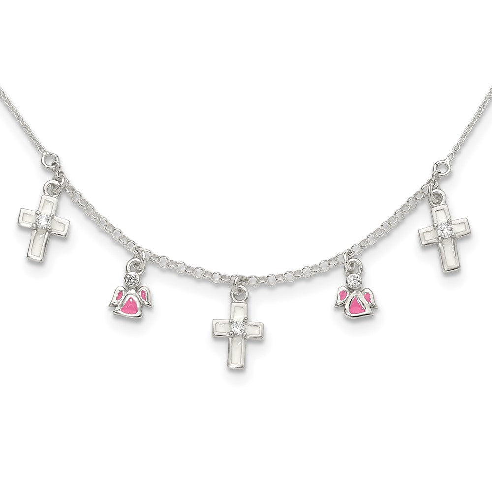 Sterling Silver Polished White & Pink Enameled Cubic Zirconia Cross and Angels Necklace 14"