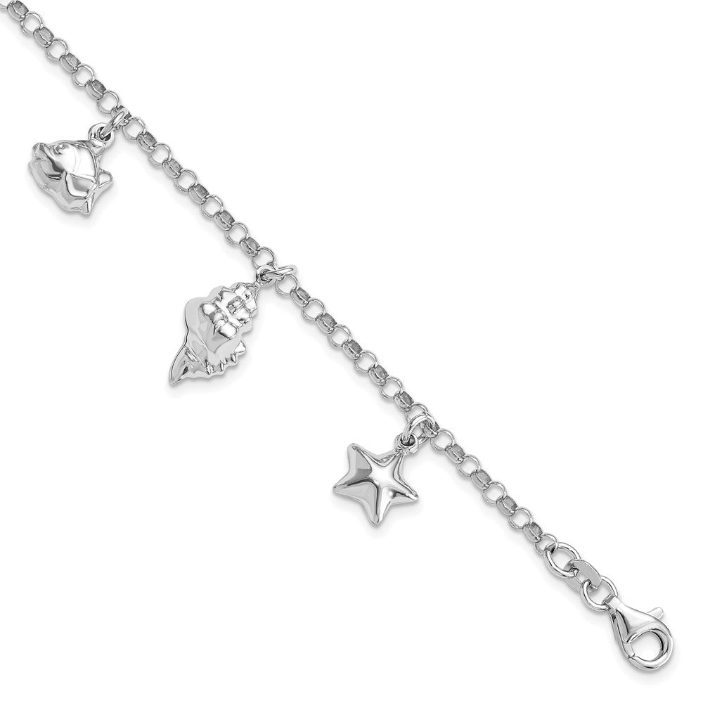 925 Sterling Silver 3mm Rhodium-plated Beach Theme Charm Bracelet 7 inch