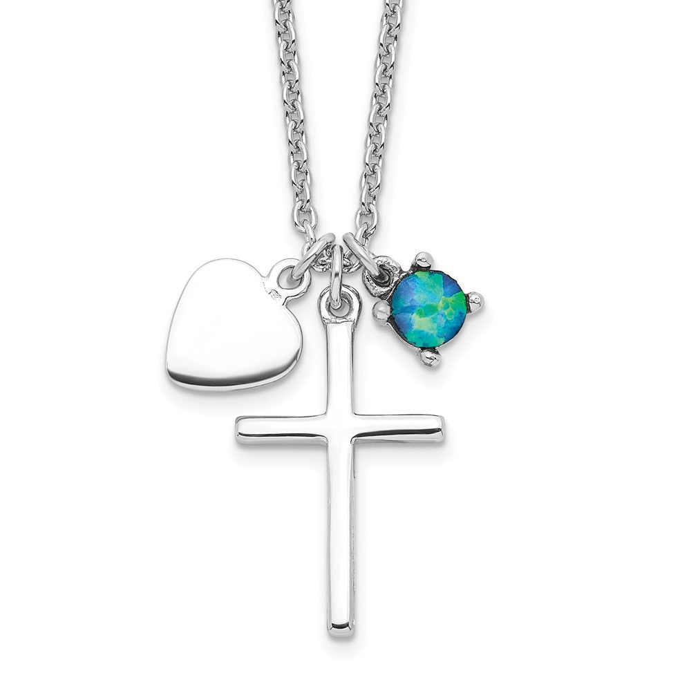 Sterling Silver Created Blue Opal Cross Necklace 18"